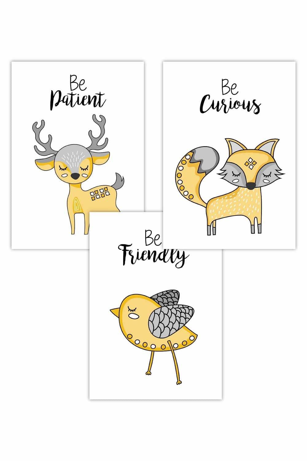 Set of 3 Scandi Nursery Fox Animals Quote Yellow Grey Art Posters